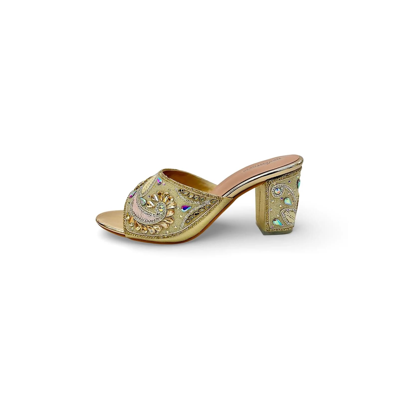 Women’s Gold Embellished Block Heel Mules – Festive & Wedding Party Wear Sandals