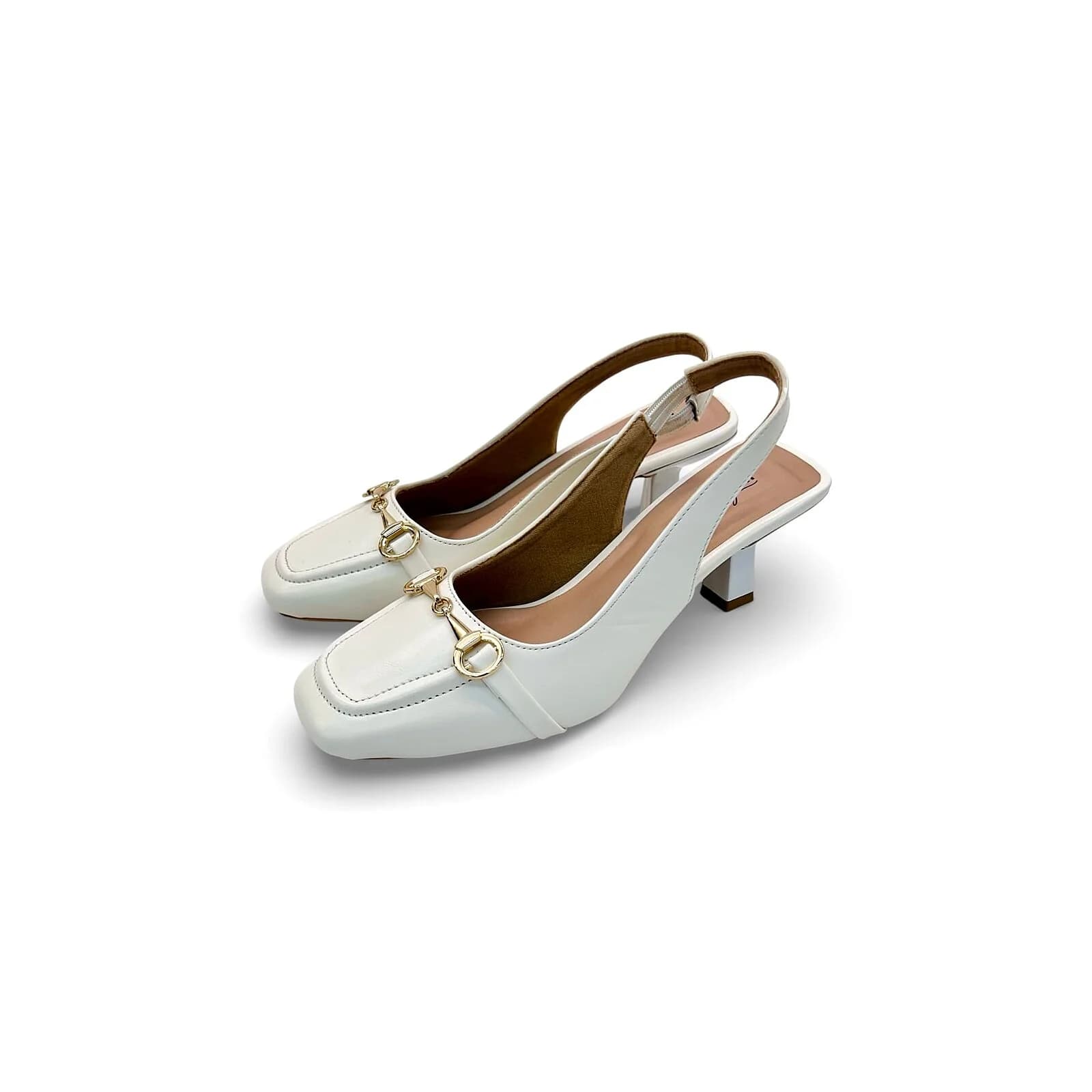 Women White Slingback Block Heels with Gold Buckle – Elegant Office & Party Wear