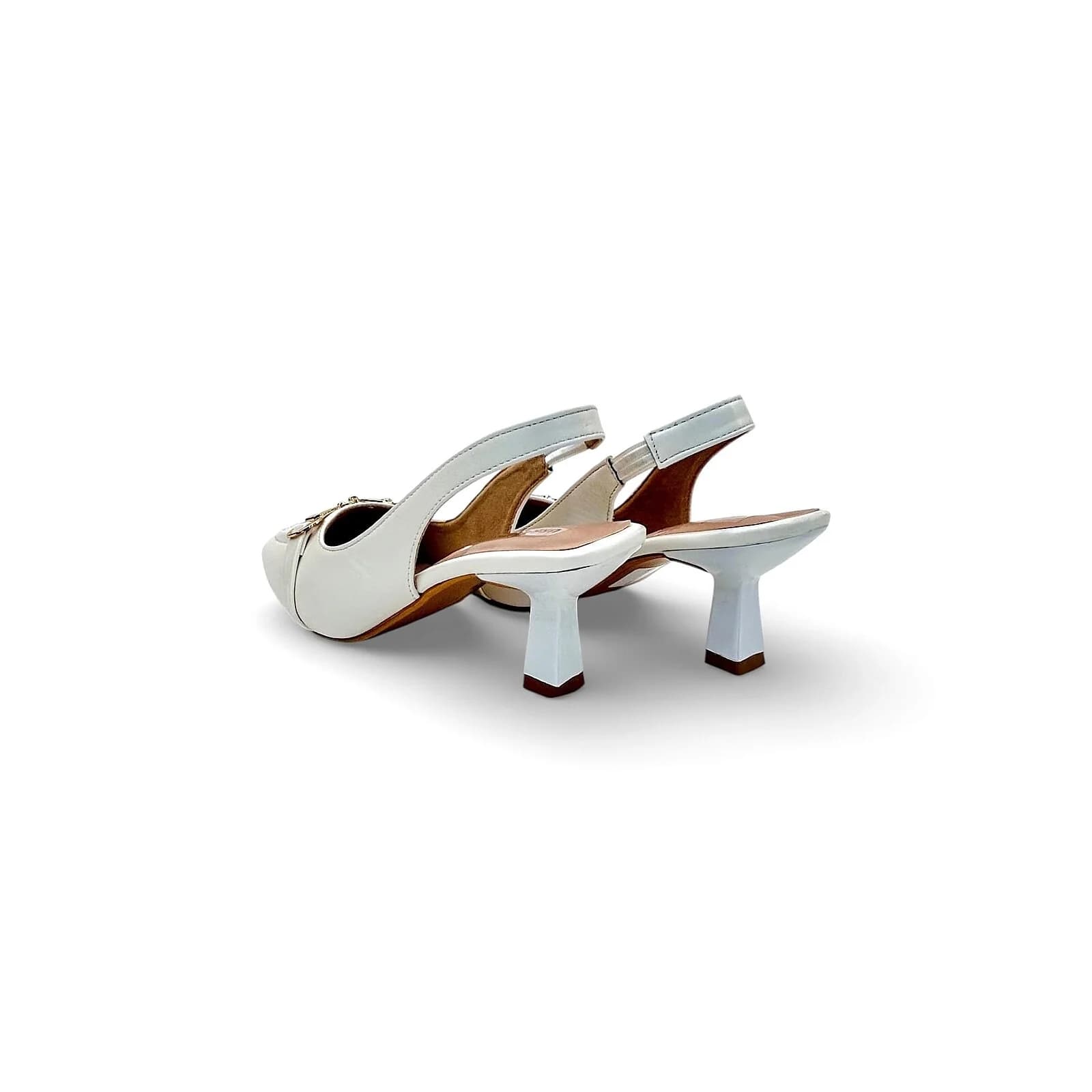 Women White Slingback Block Heels with Gold Buckle – Elegant Office & Party Wear
