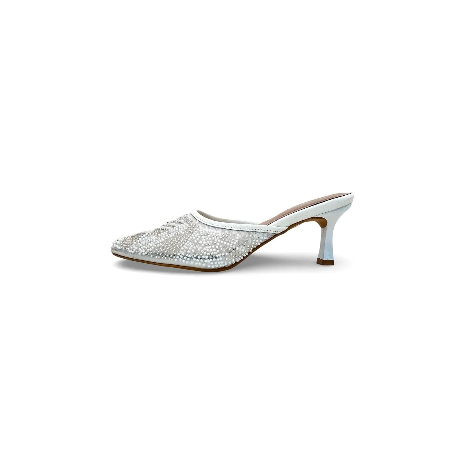 Women’s White Embellished Mule Heels – Elegant Slip-On