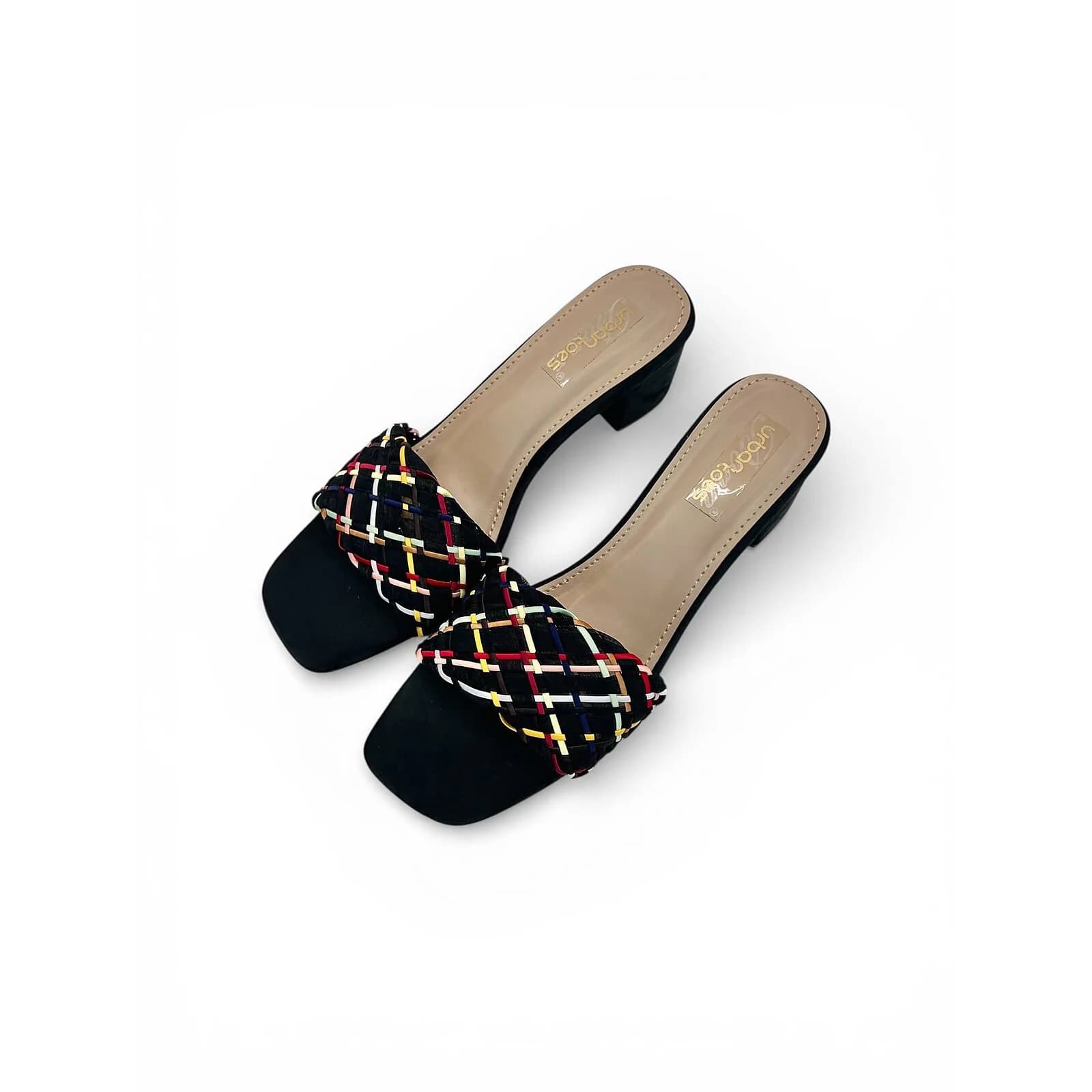 Block Heel Mules for Women – Multicolor Woven Square Toe Heels