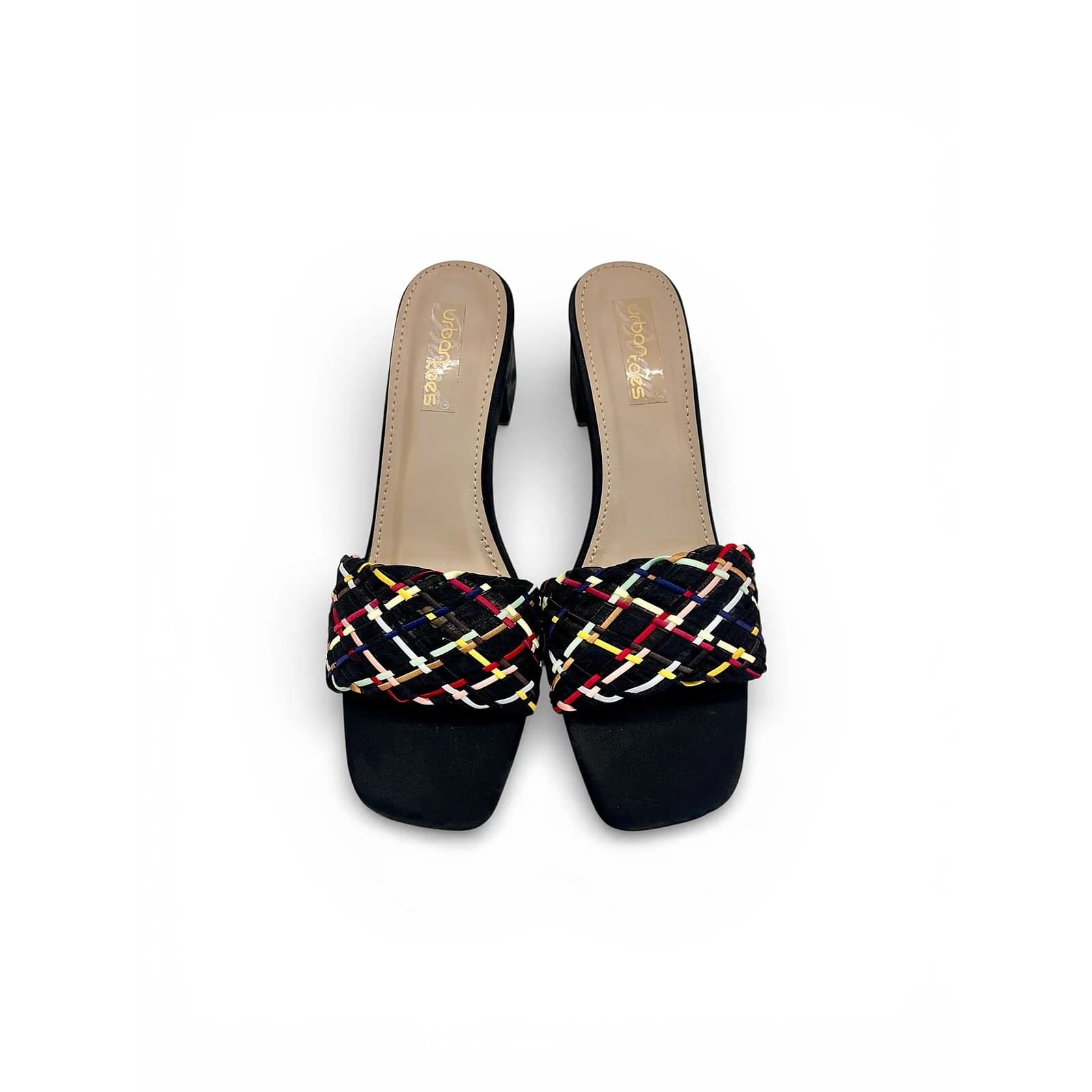 Block Heel Mules for Women – Multicolor Woven Square Toe Heels
