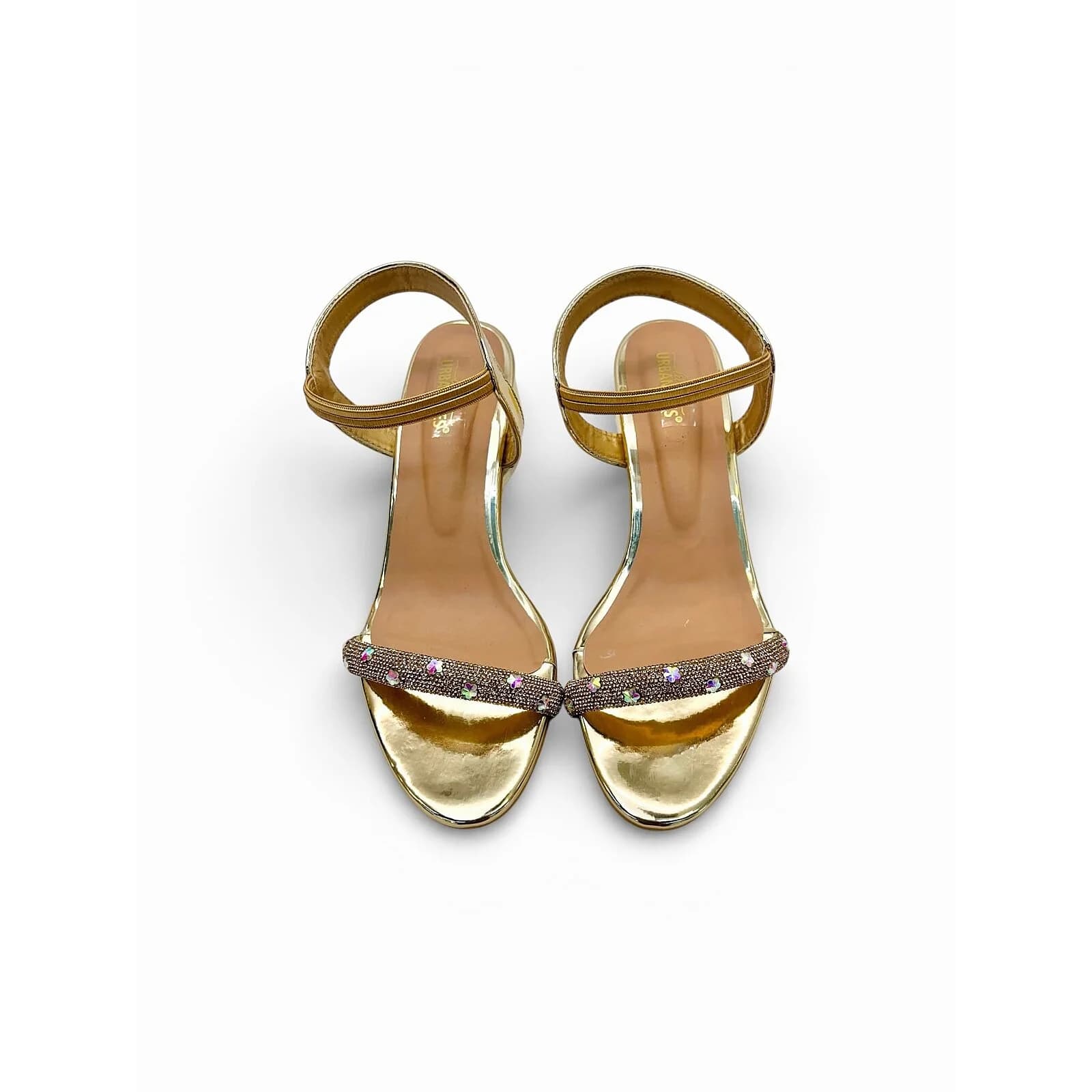 Gold Block Heel Sandals for Women – Embellished Ankle Strap Party Wear Heels