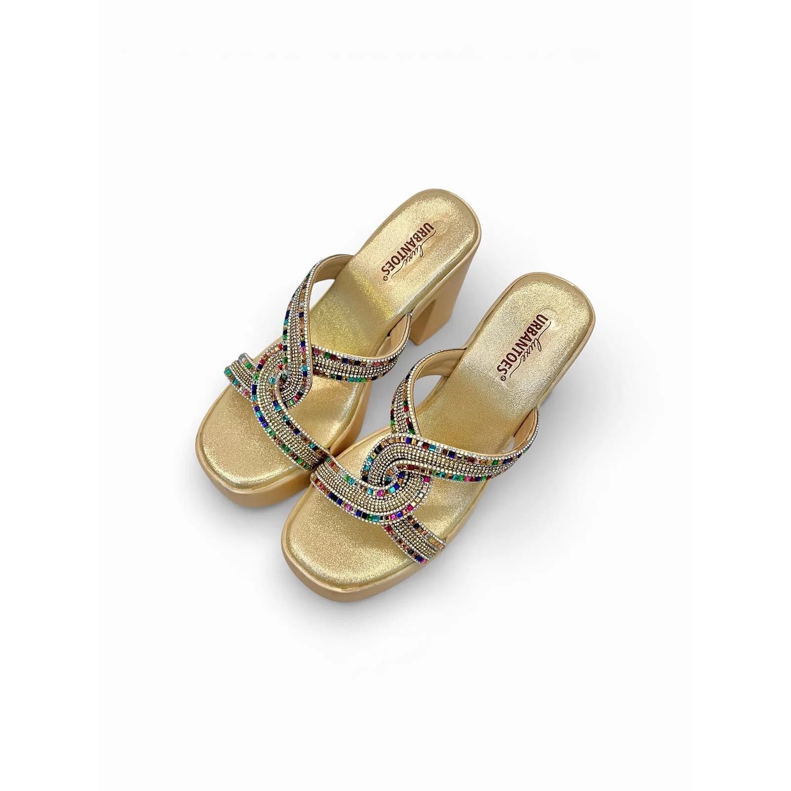 Gold Platform Block Heels for Women – Multicolor Stone Party Wear Sandals