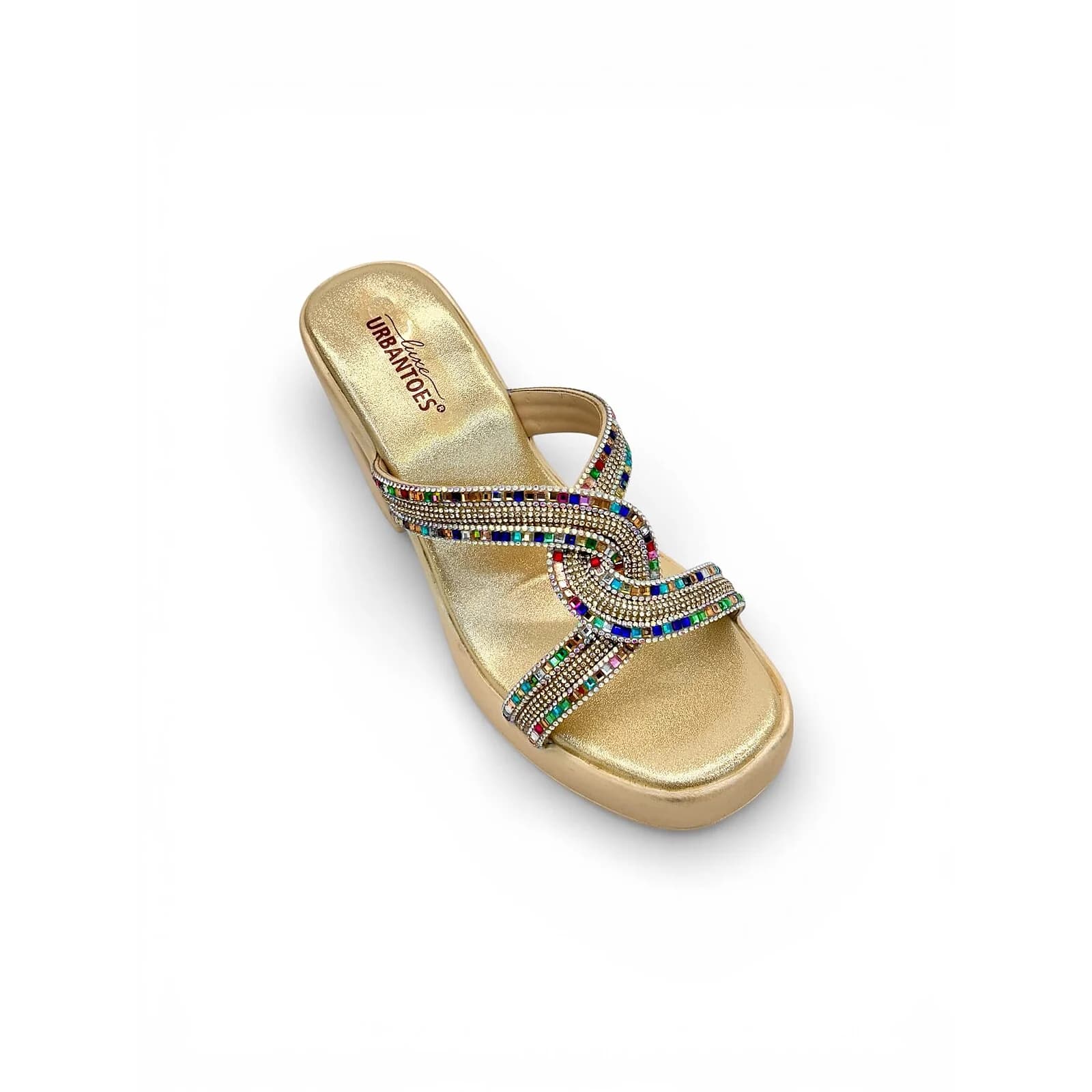 Gold Platform Block Heels for Women – Multicolor Stone Party Wear Sandals