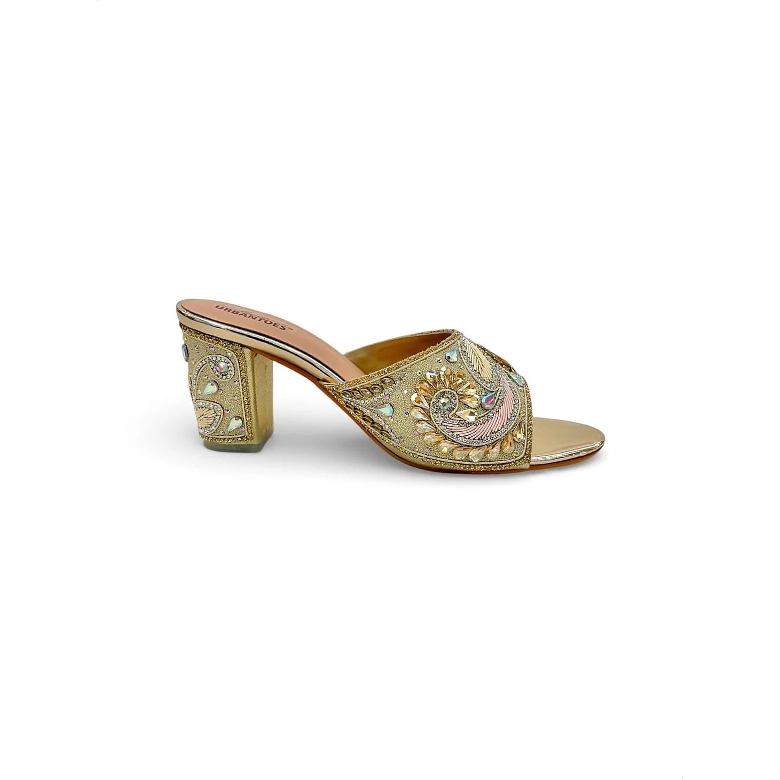 Women’s Gold Embellished Block Heel Mules – Festive & Wedding Party Wear Sandals