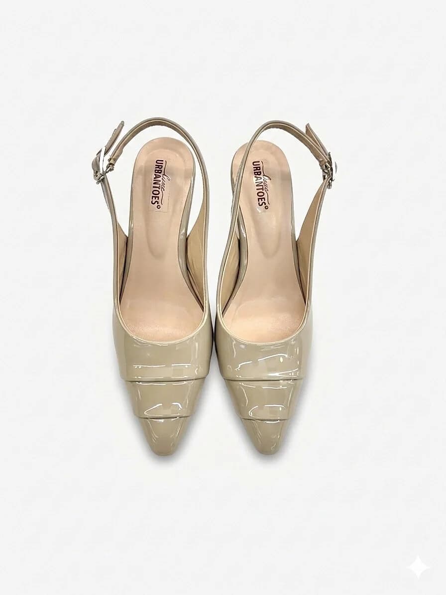 Beige Slingback Kitten Heels for Women – Patent Pointed Toe Pumps