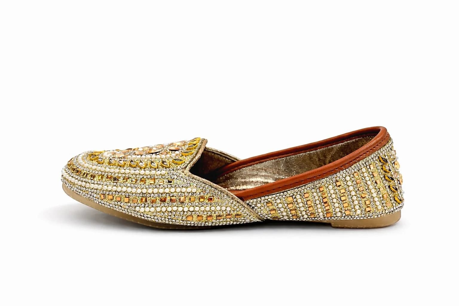 Gold Embellished Jutti Loafers for Women – Pearl Beaded Ethnic Flats