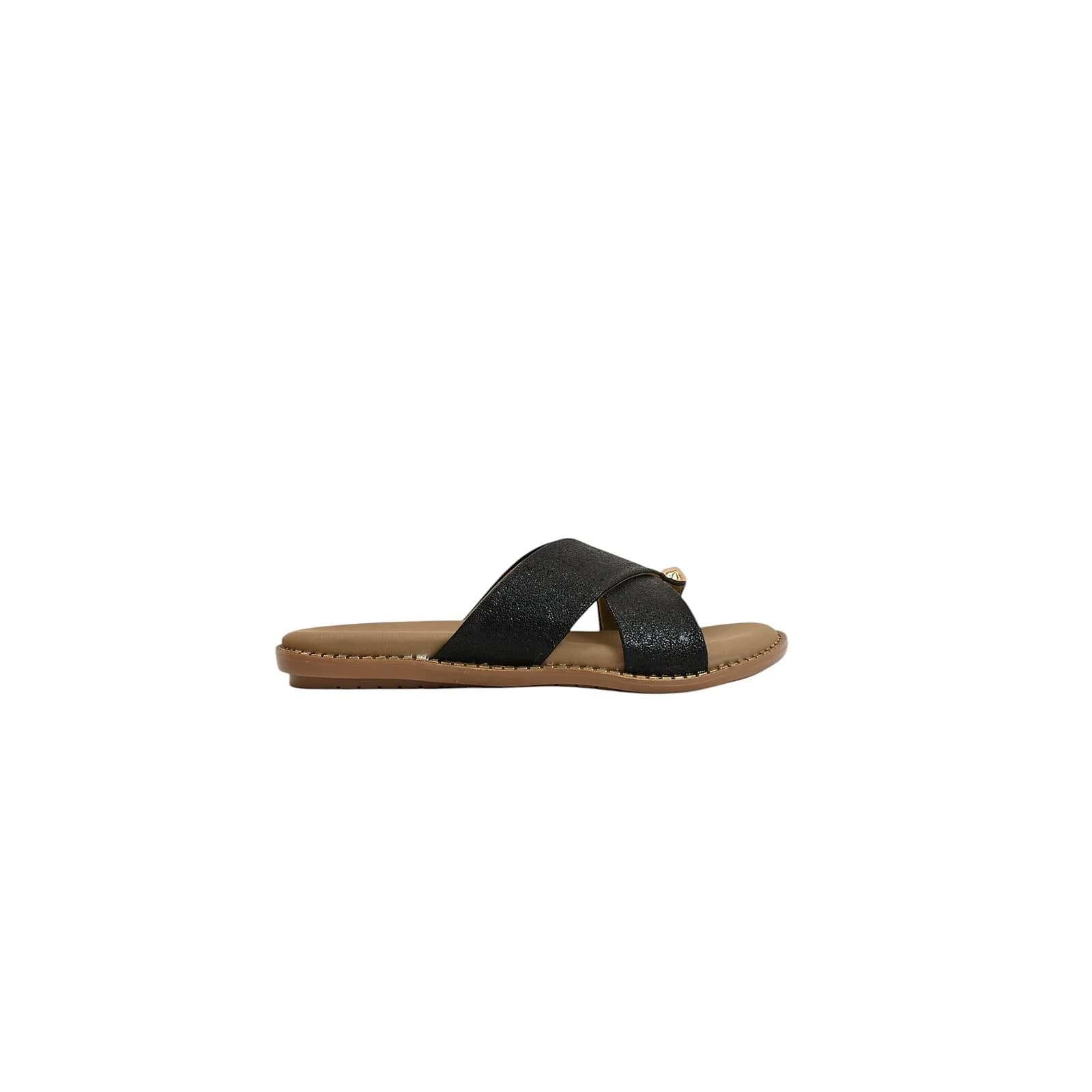 Black Cross Strap Flat Slide for Women – Vegan Leather Daily Wear