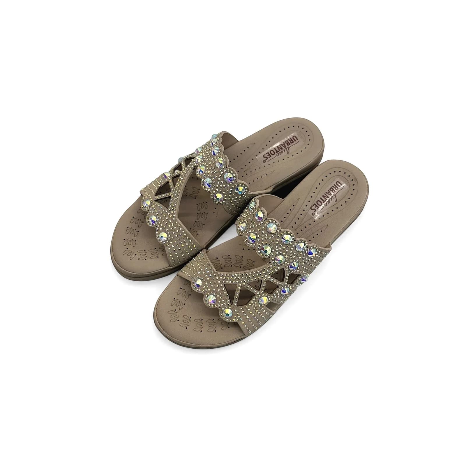 Light Gold Stone Work Block Heel Slide Sandals for Women