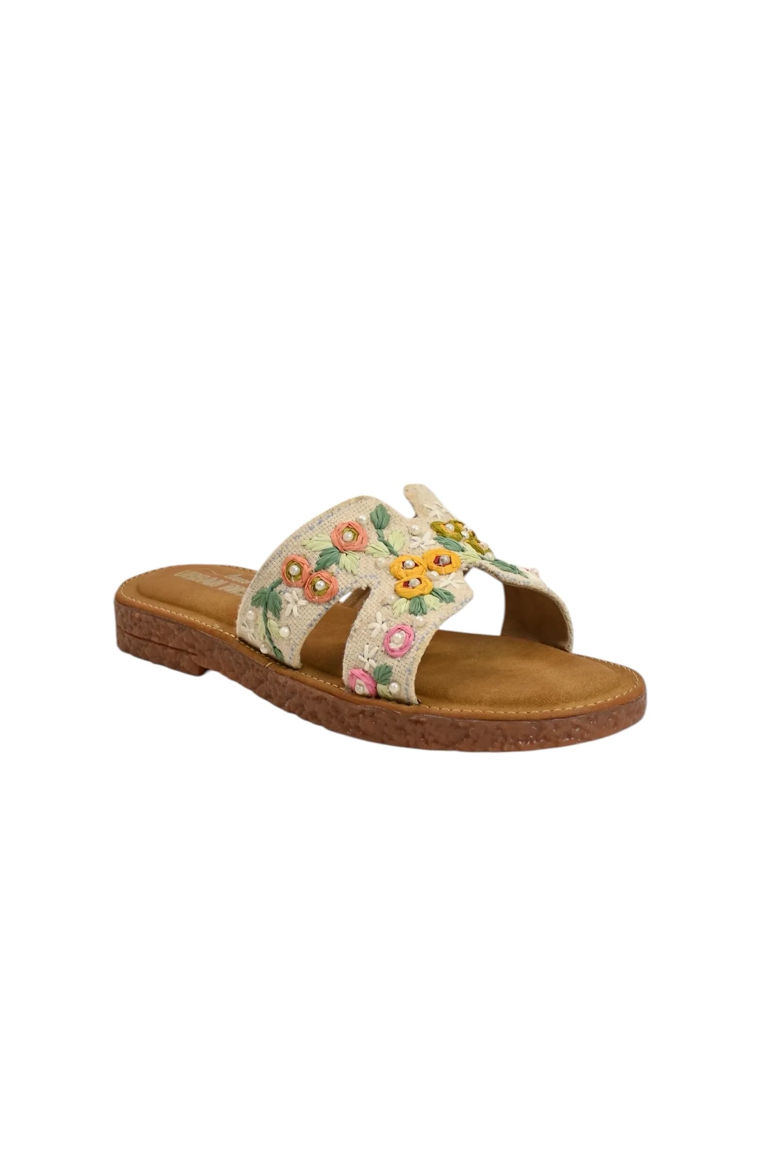 Beige embroidered flat sandals for women