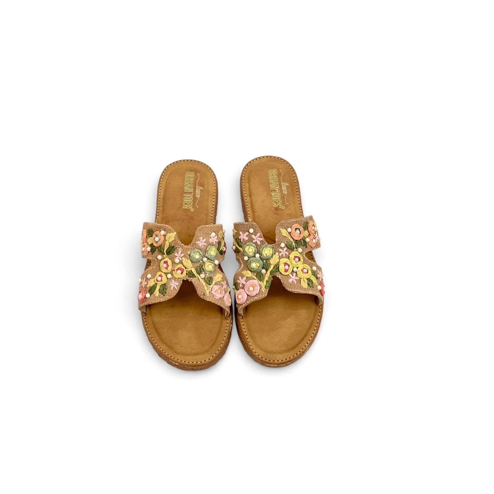 Peach embroidered flat sandals for women