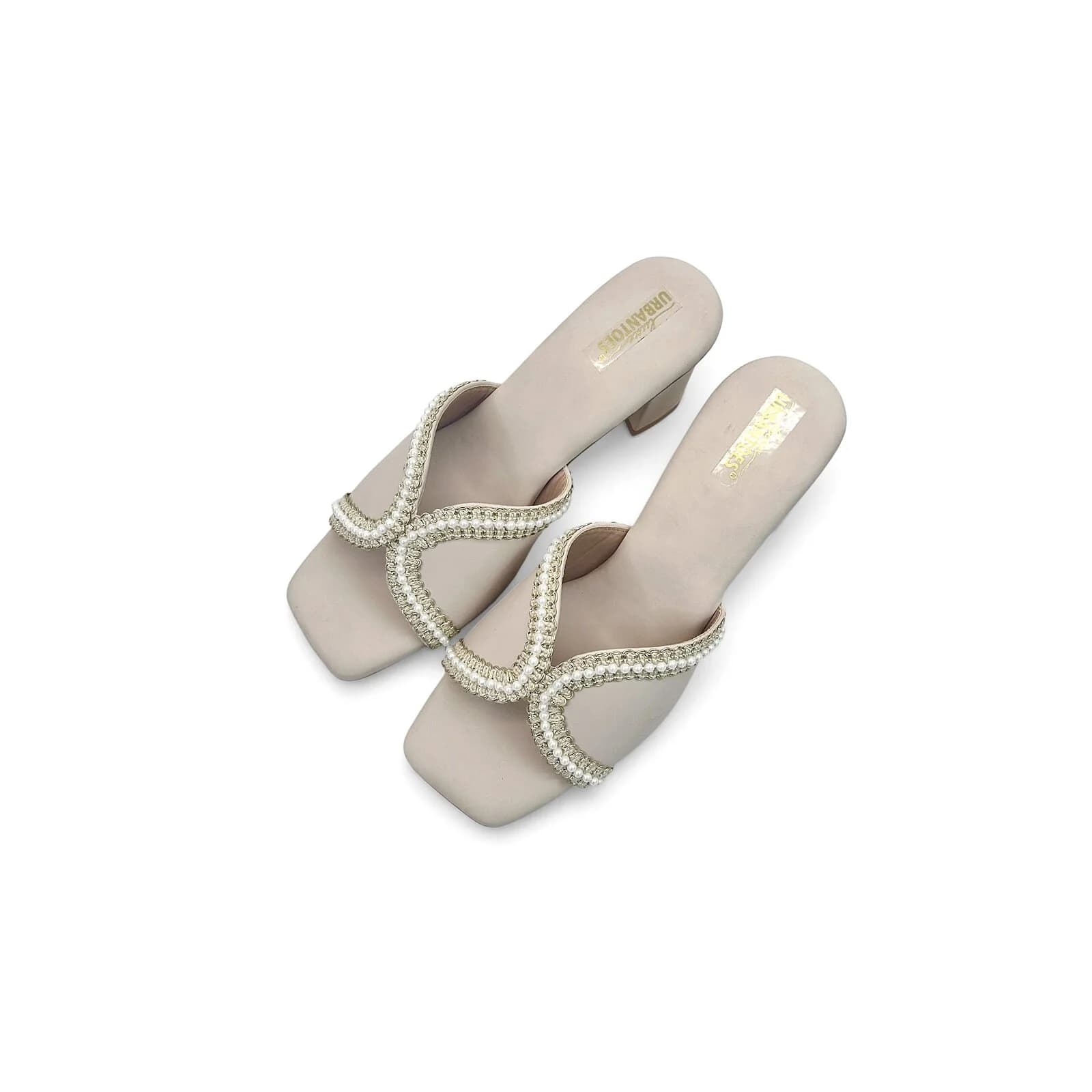 Beige Pearl Embellished Block Heel Sandals for Women – Urbantoes
