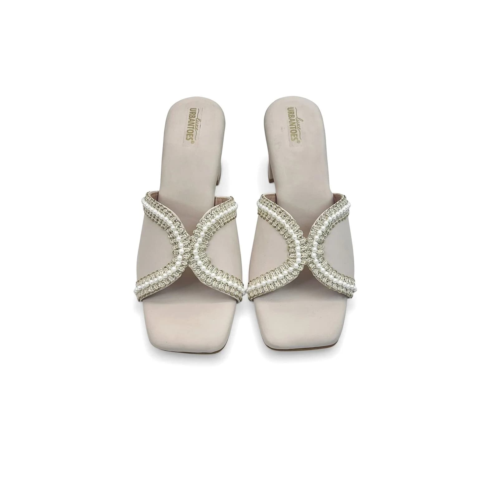 Beige Pearl Embellished Block Heel Sandals for Women – Urbantoes