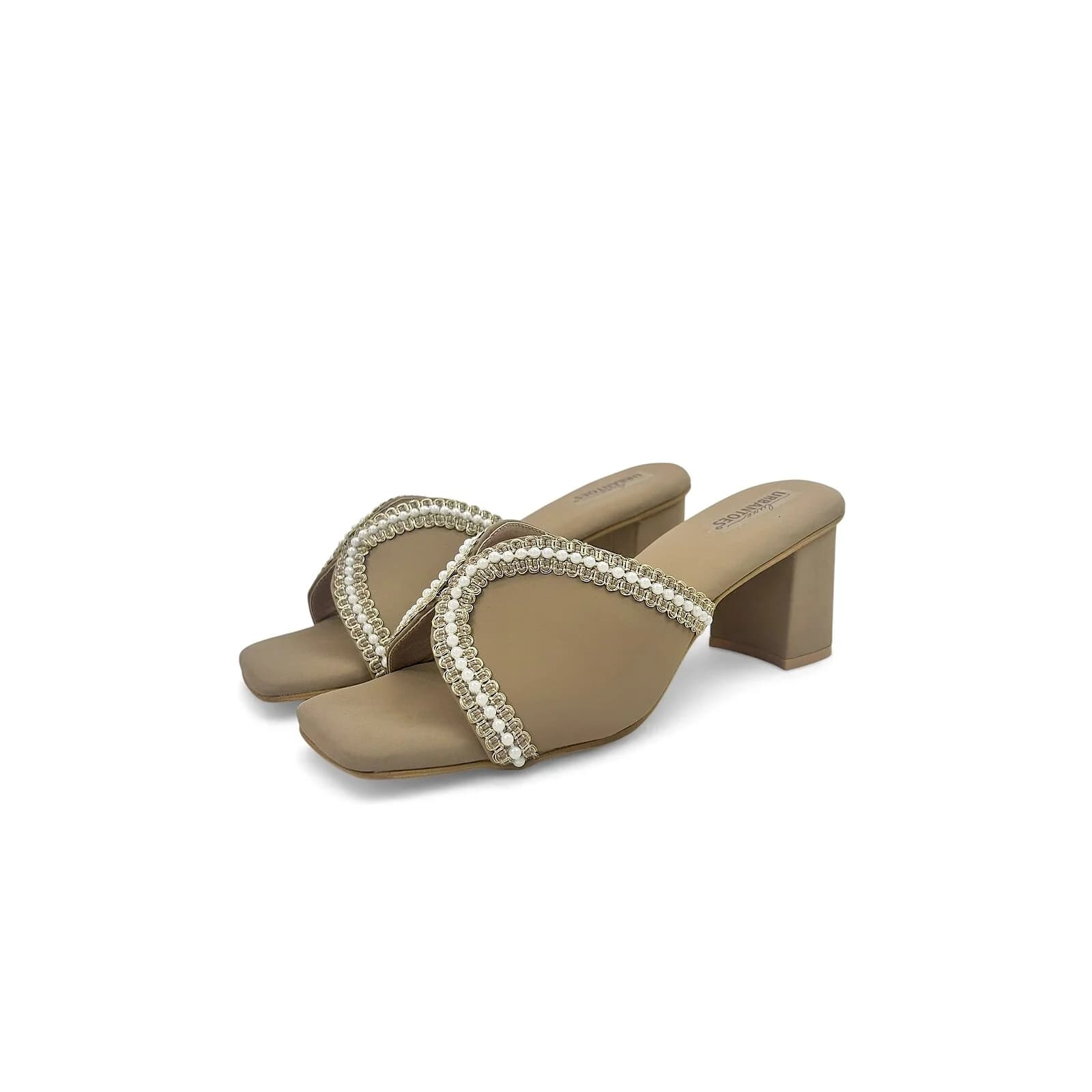 Khakhi Pearl Embellished Block Heel Sandals for Women – Urbantoes