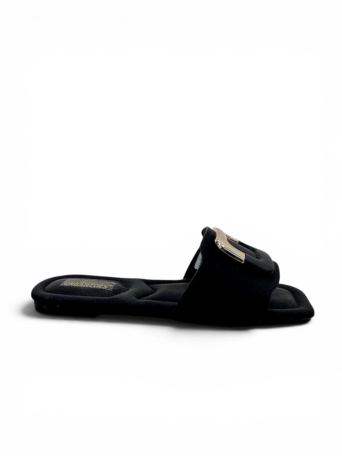 Black Flat Sandals for Women with Gold Buckle | UrbanToes