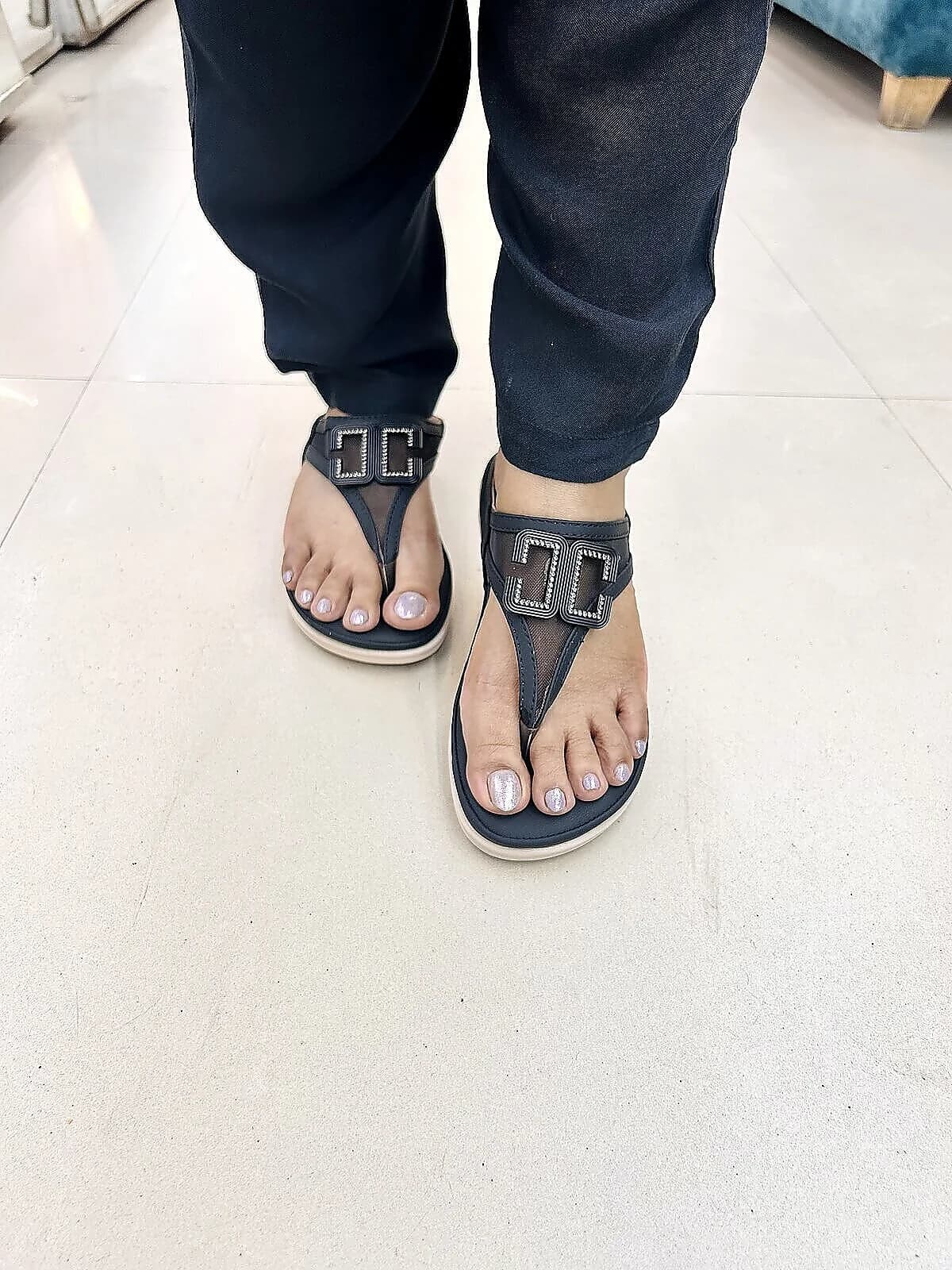 Black Wedge Toe-Post Sandals for Women