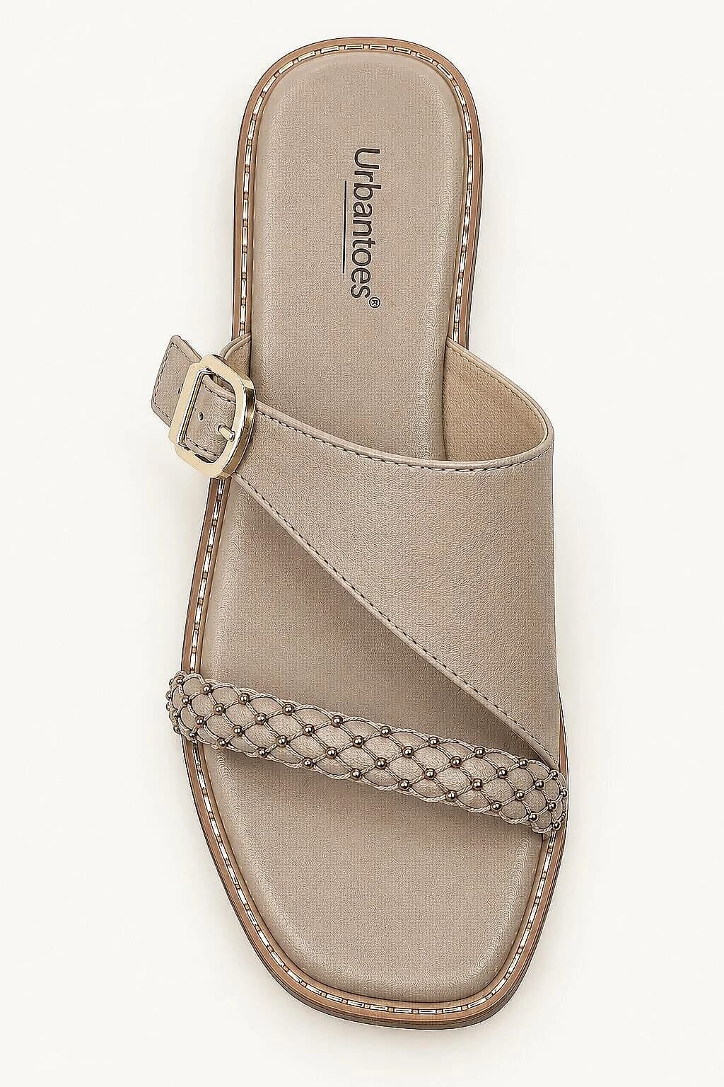 Taupe Flat Sandals for Women with Braided Beaded Strap & Buckle