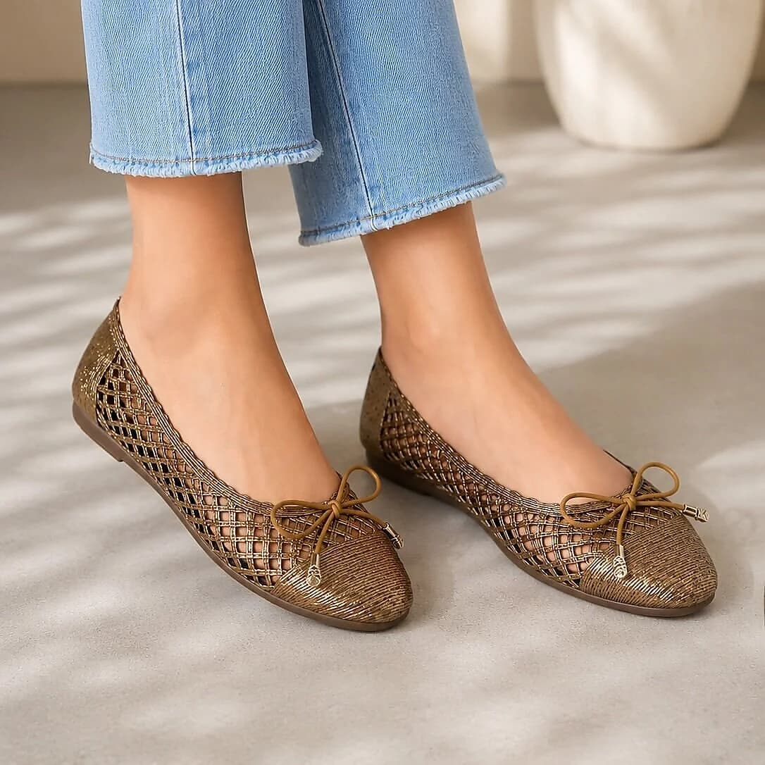 Bronze Woven Bow Detail Ballet Flats for Women
