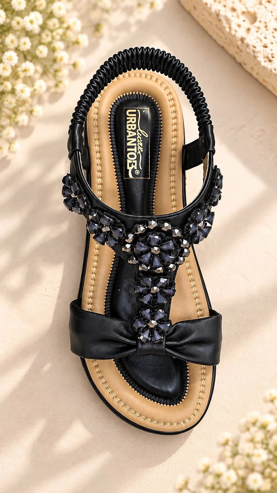 Black Floral Embellished Flat Sandals for Women