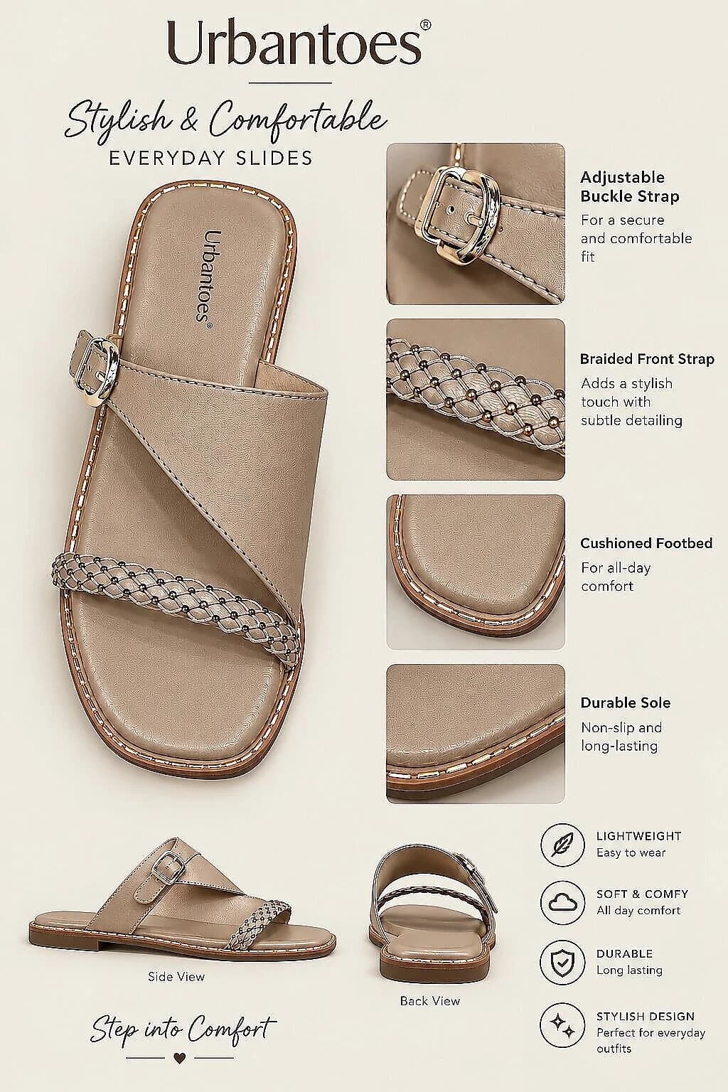Taupe Flat Sandals for Women with Braided Beaded Strap & Buckle