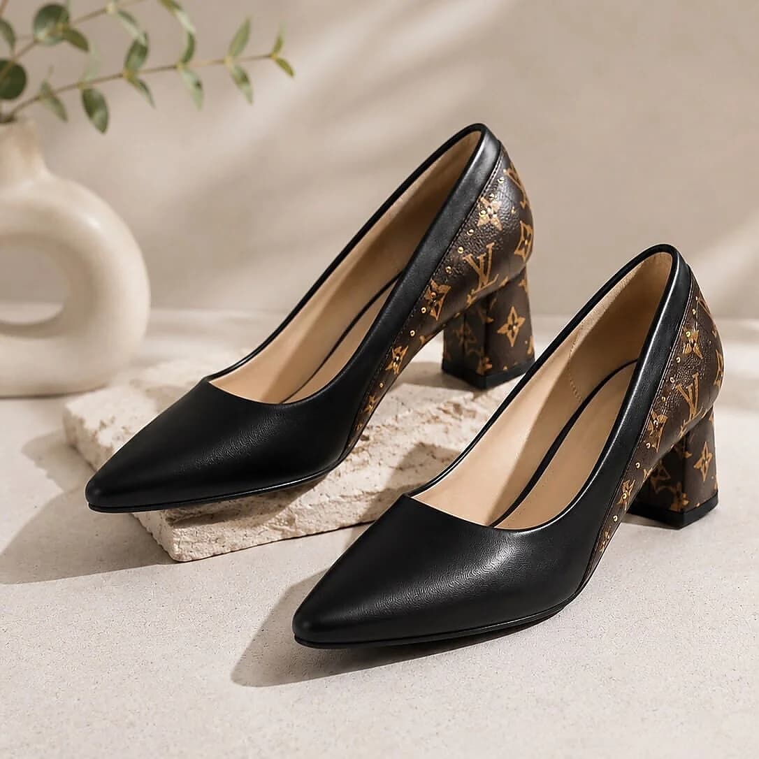 Black Printed Block Heel Pumps for Women