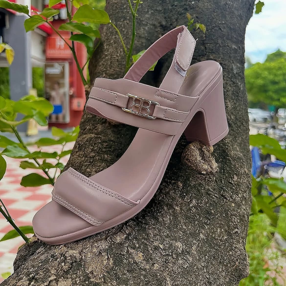 Mauve Block Heel Sandals with Buckle Detail for Women