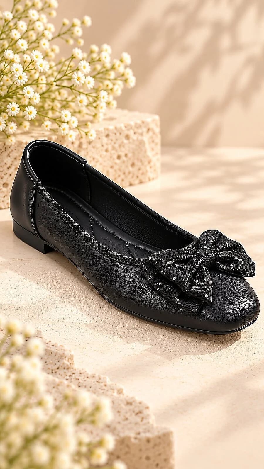 Black Bow Ballerina Flats with Embellished Bow Detail
