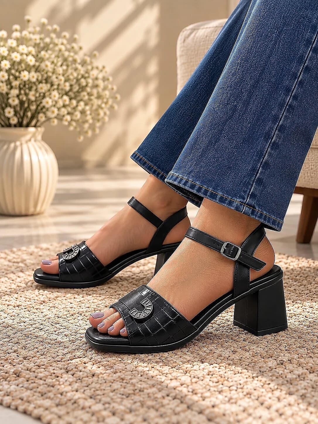 Black Block Heel Sandals for Women with Ankle Strap & Buckle