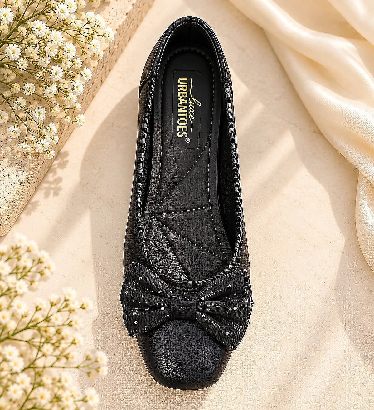 Black Bow Ballerina Flats with Embellished Bow Detail