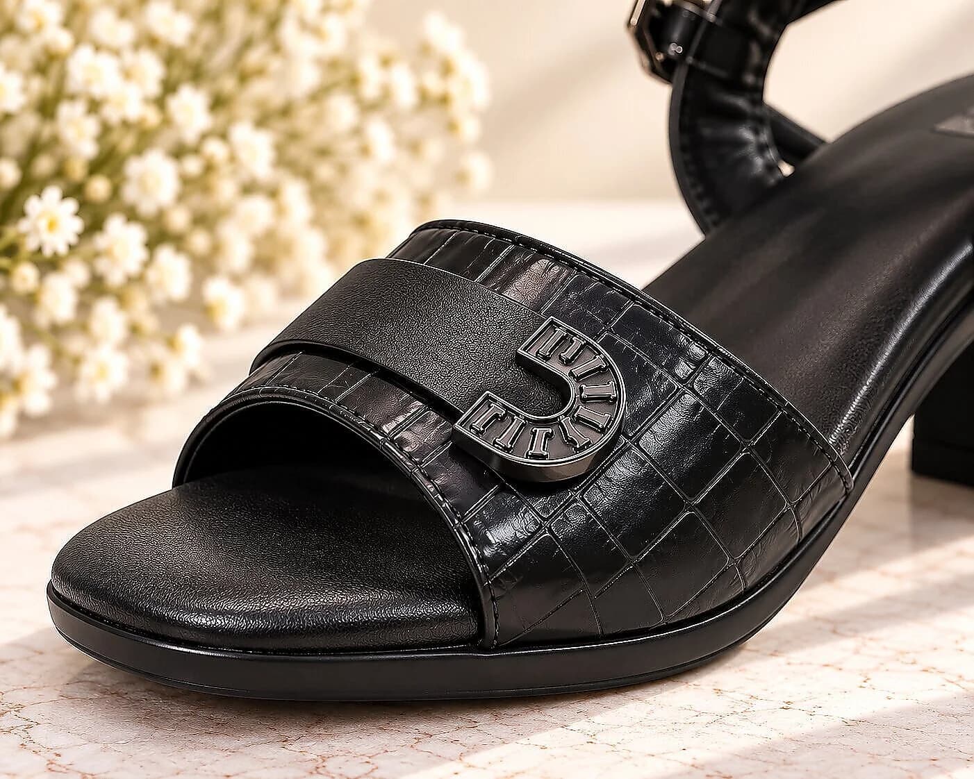 Black Block Heel Sandals for Women with Ankle Strap & Buckle