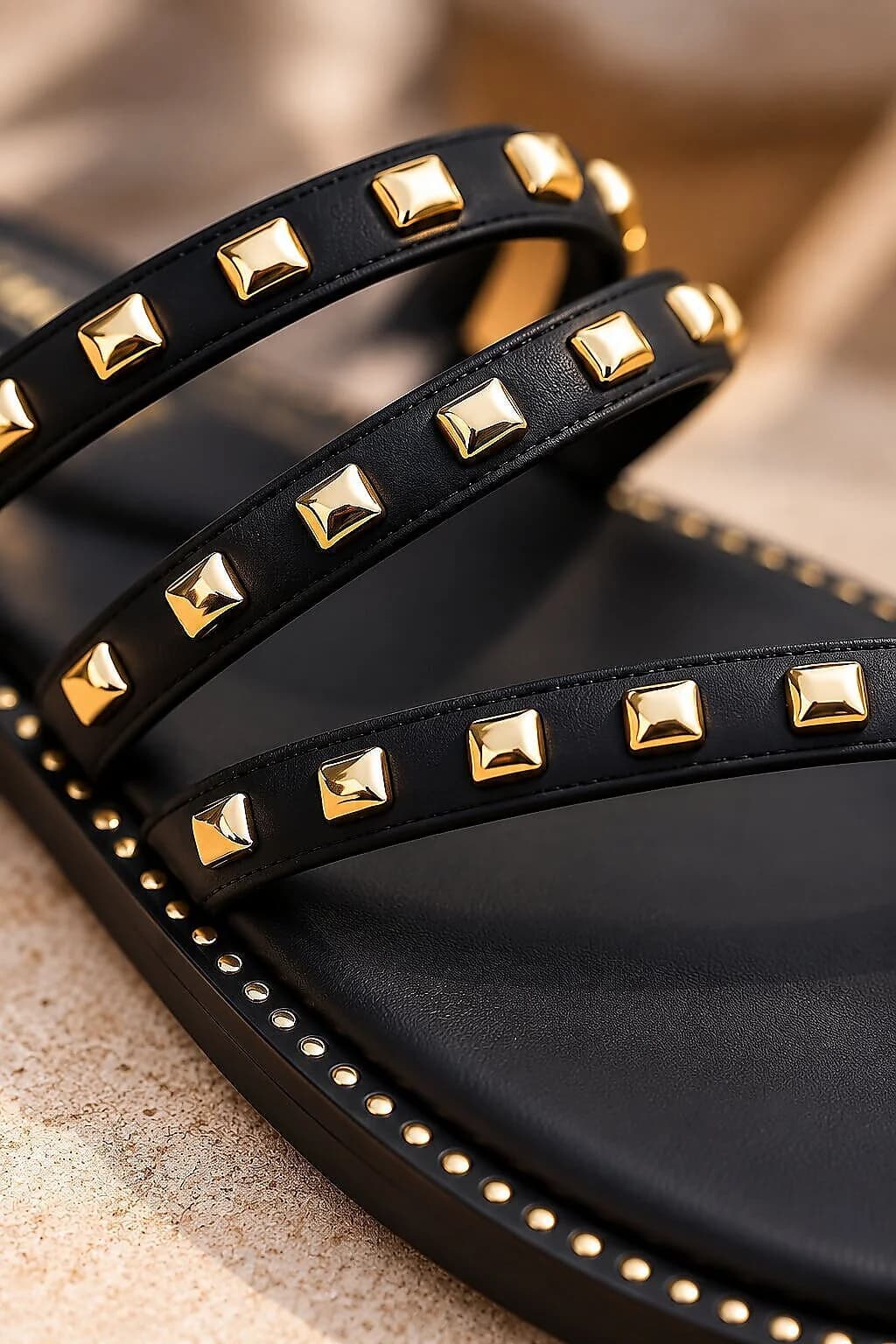 Black Studded Flat Sandals for Women with Multi-Strap Design