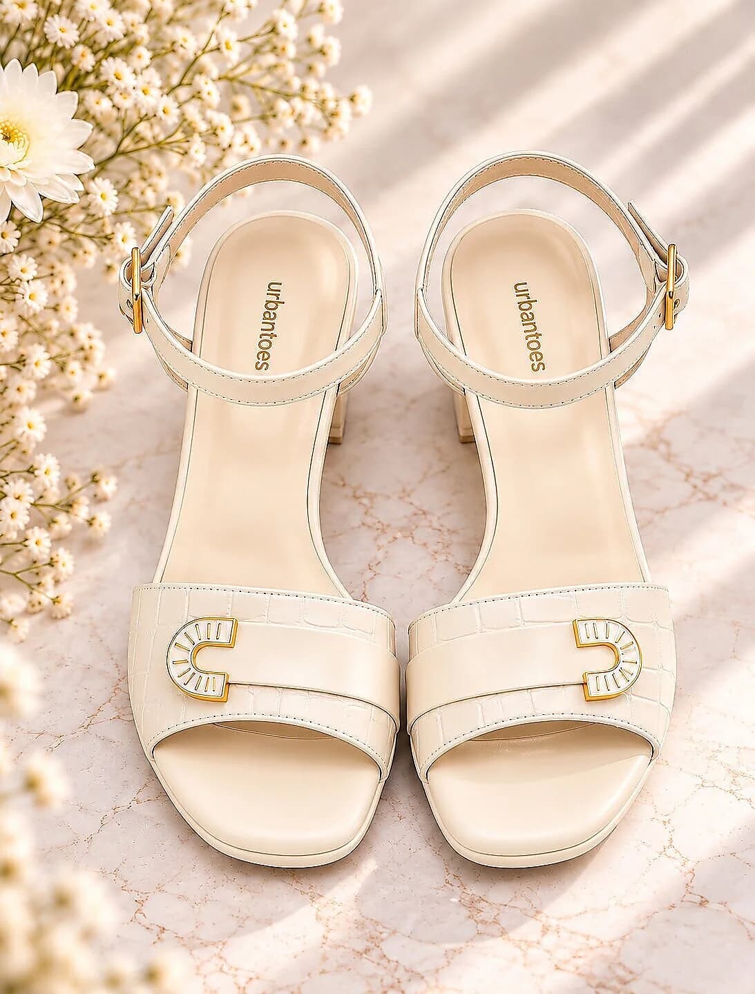 Cream Block Heel Sandals for Women with Ankle Strap & Buckle