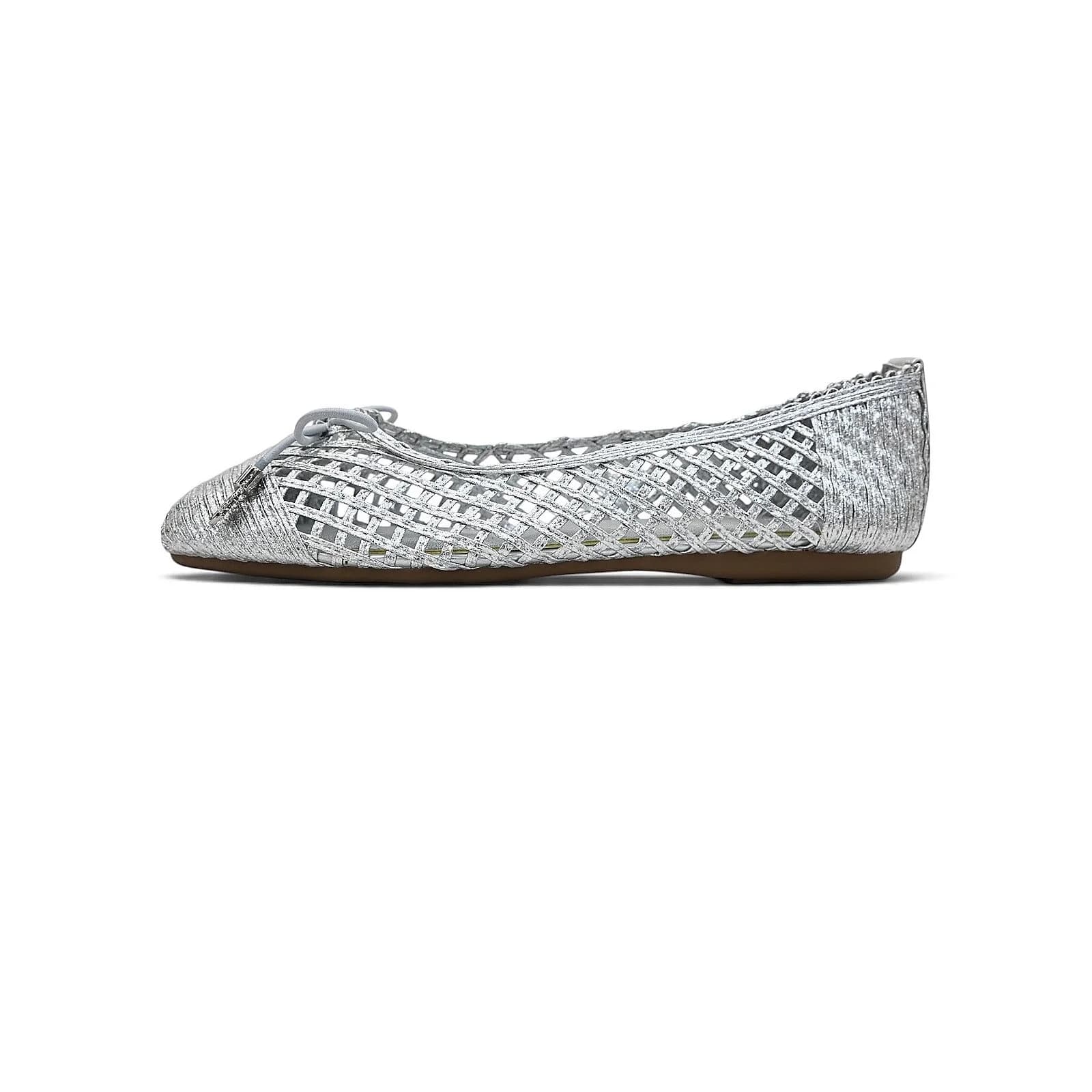 Silver Woven Bow Detail Ballet Flats for Women