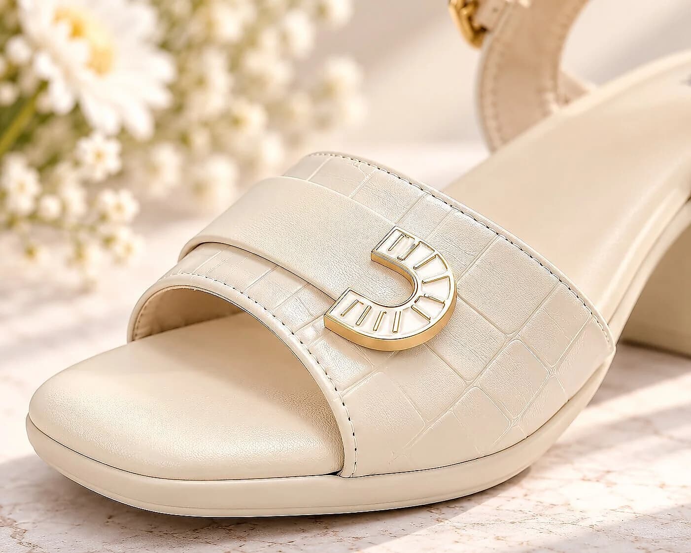 Cream Block Heel Sandals for Women with Ankle Strap & Buckle