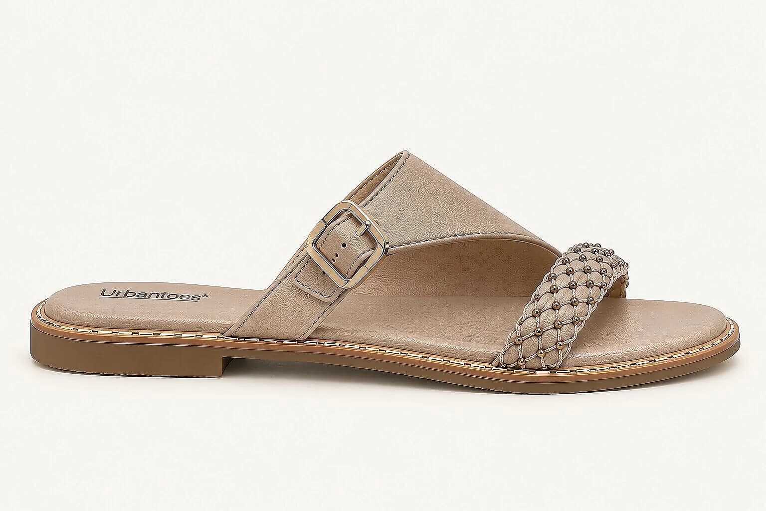 Taupe Flat Sandals for Women with Braided Beaded Strap & Buckle