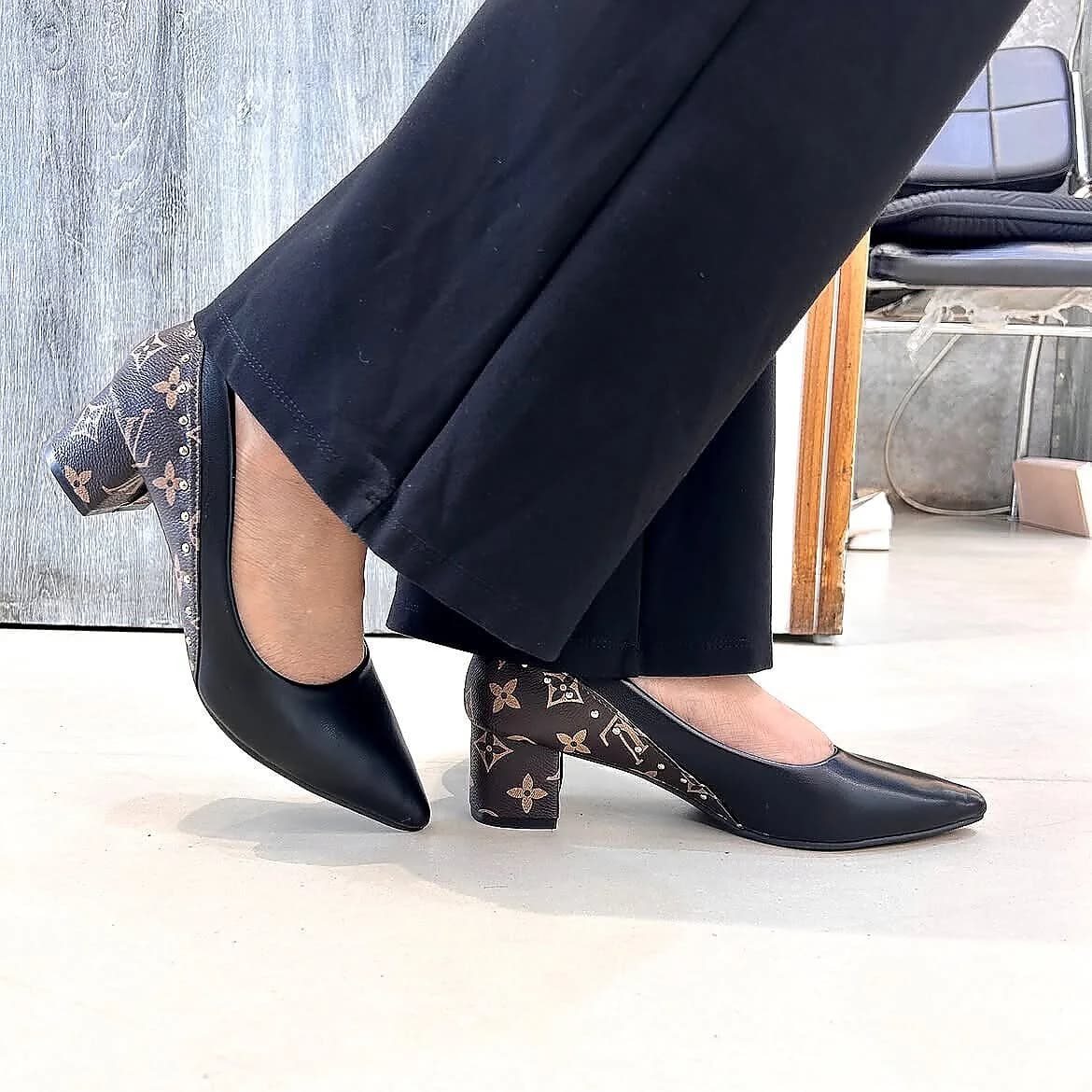 Black Printed Block Heel Pumps for Women