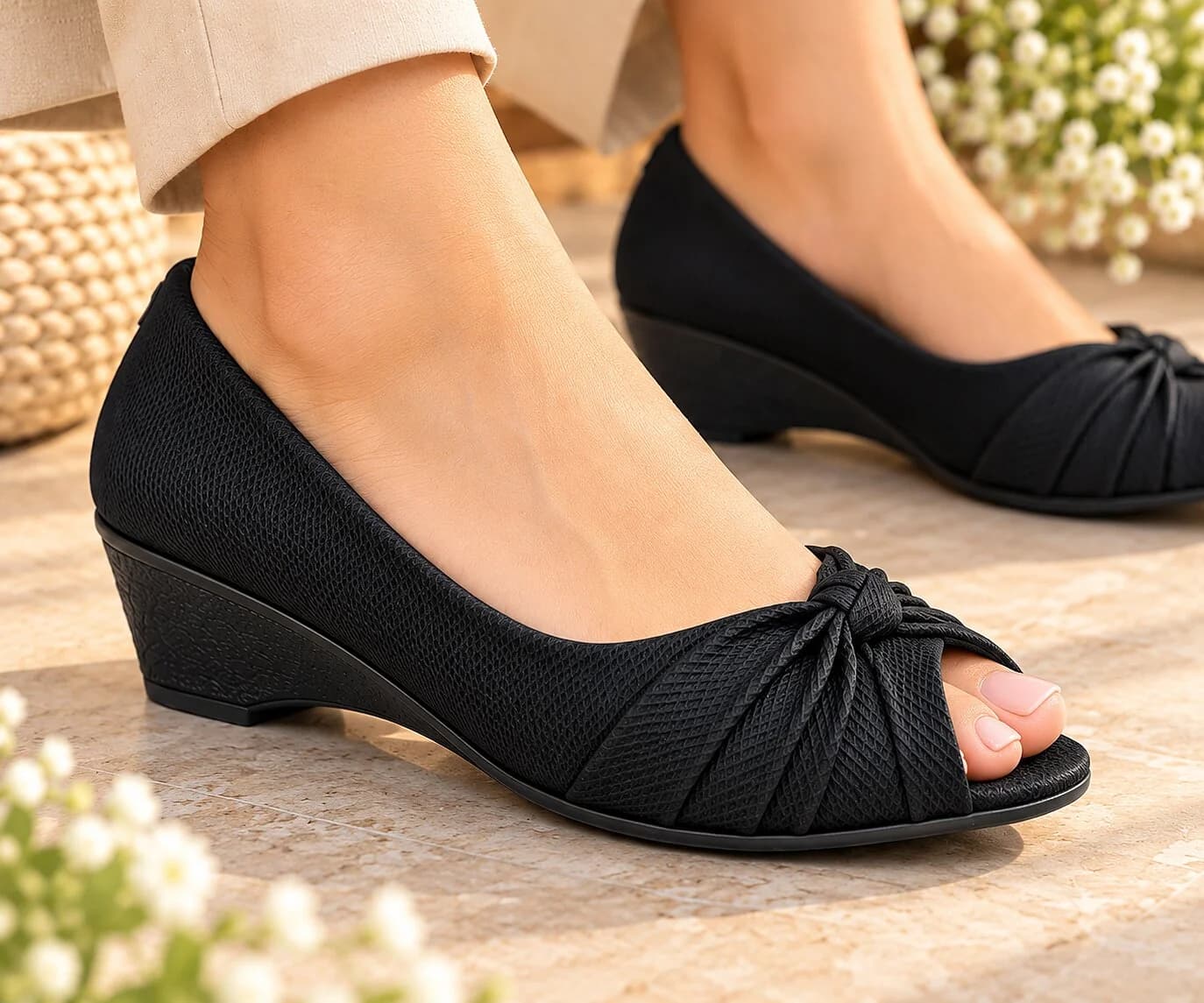 Women Black Peep-Toe Wedge Heels with Bow Detail