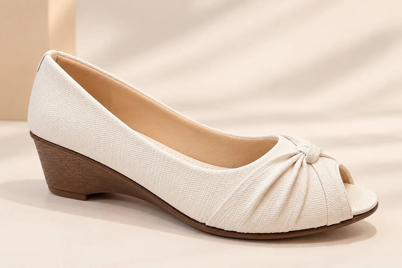 Women White Peep-Toe Wedge Heels with Bow Detail