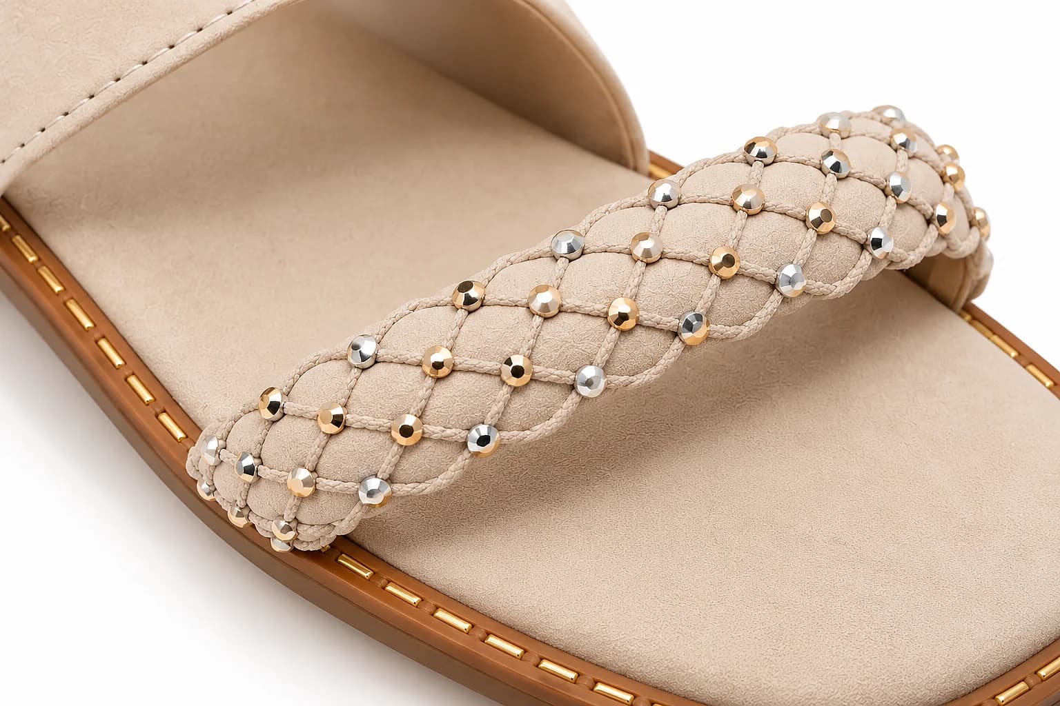 Cream Flat Sandals for Women with Braided Beaded Strap & Buckle