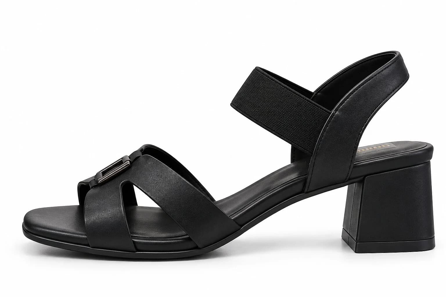 Women Black Block Heels with Gold Buckle Detail