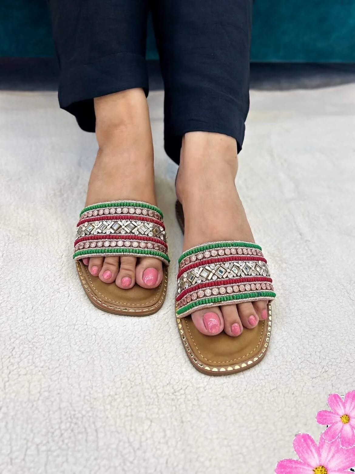 Blossom embroidery flat slippers rose gold - UrbanToes