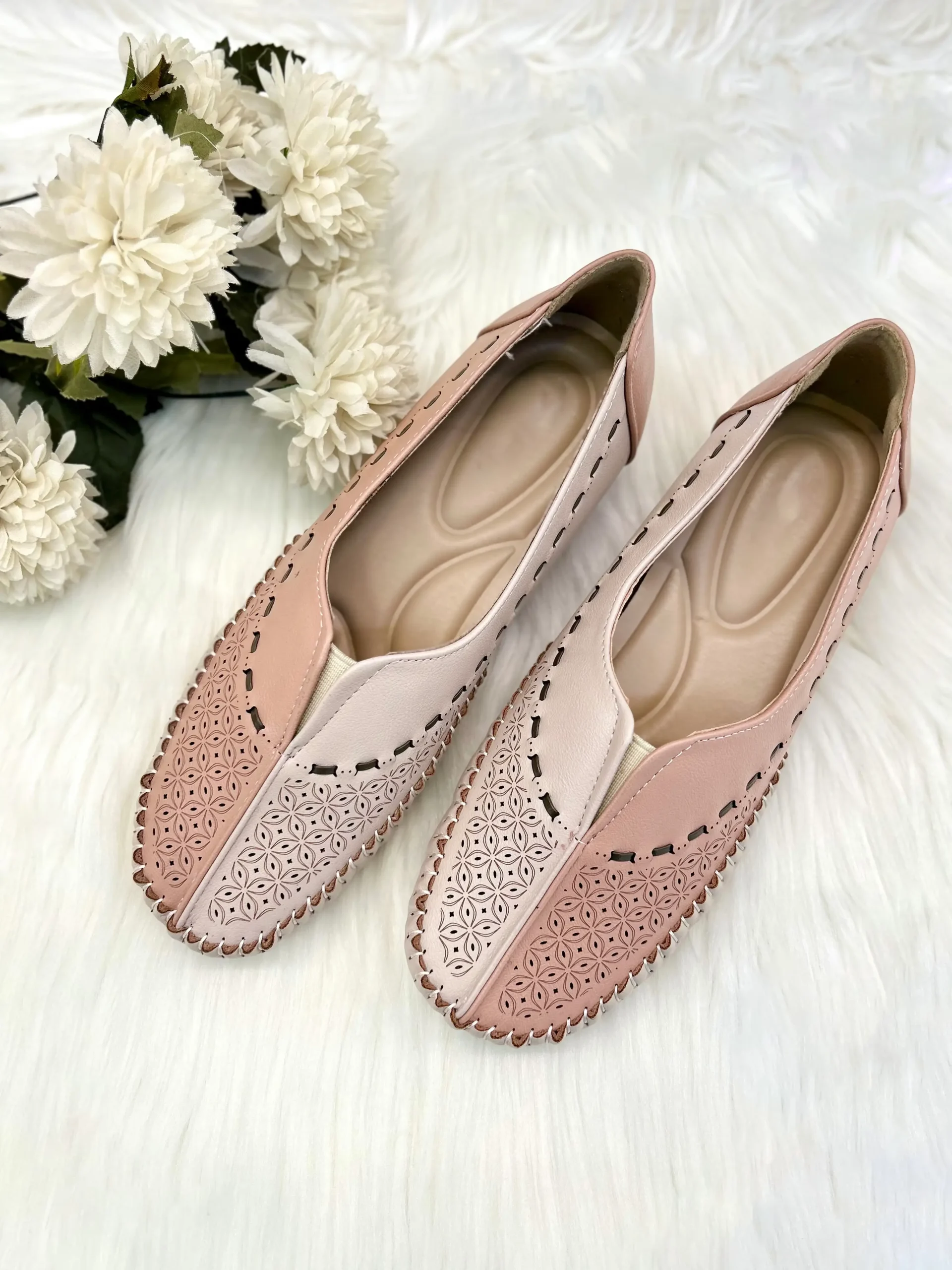 UrbanToes Pastel Pink & Beige Laser-Cut Comfort Flats - UrbanToes