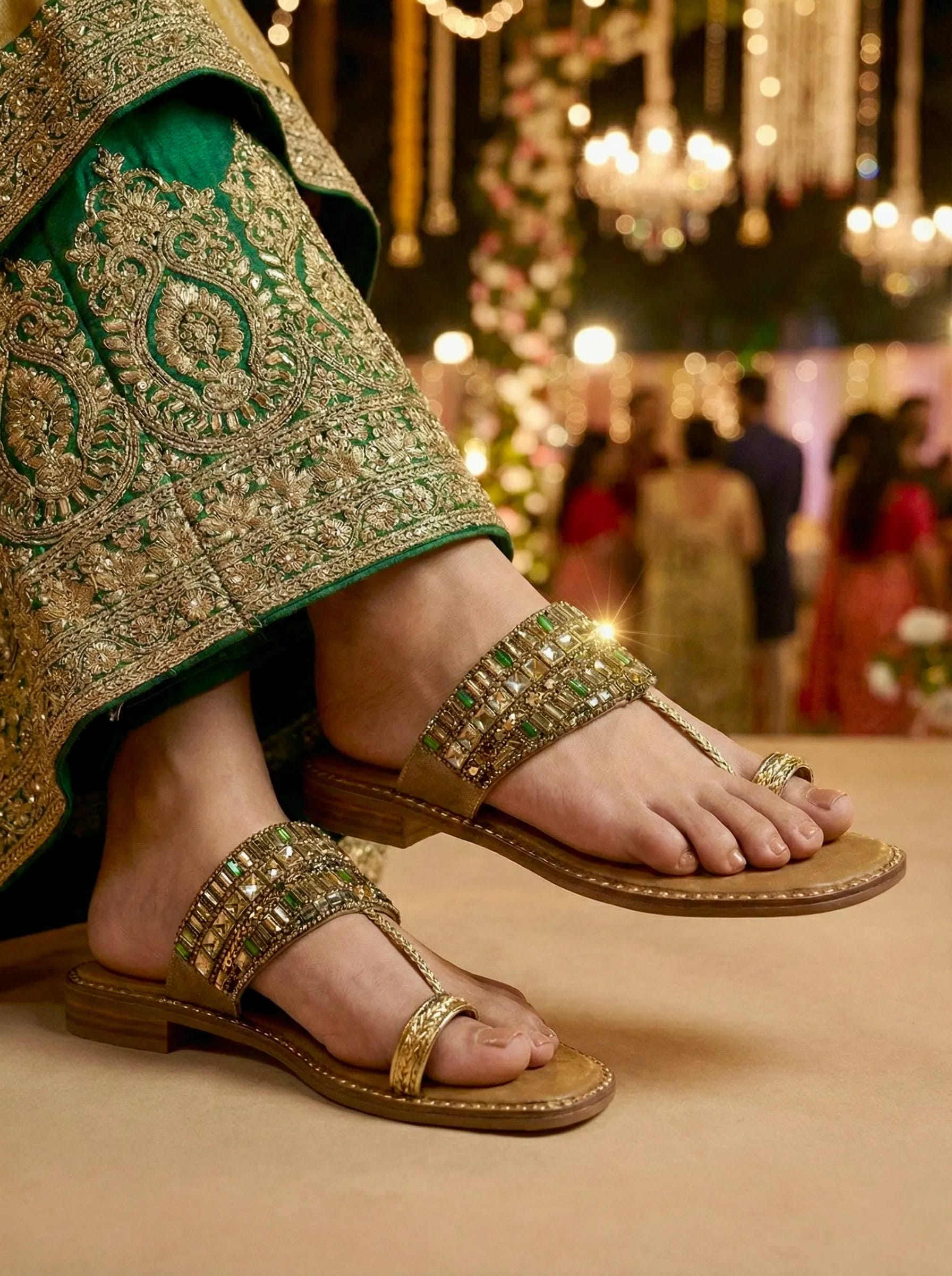 Women Green Crystal Stone Work Ethnic Flats - UrbanToes