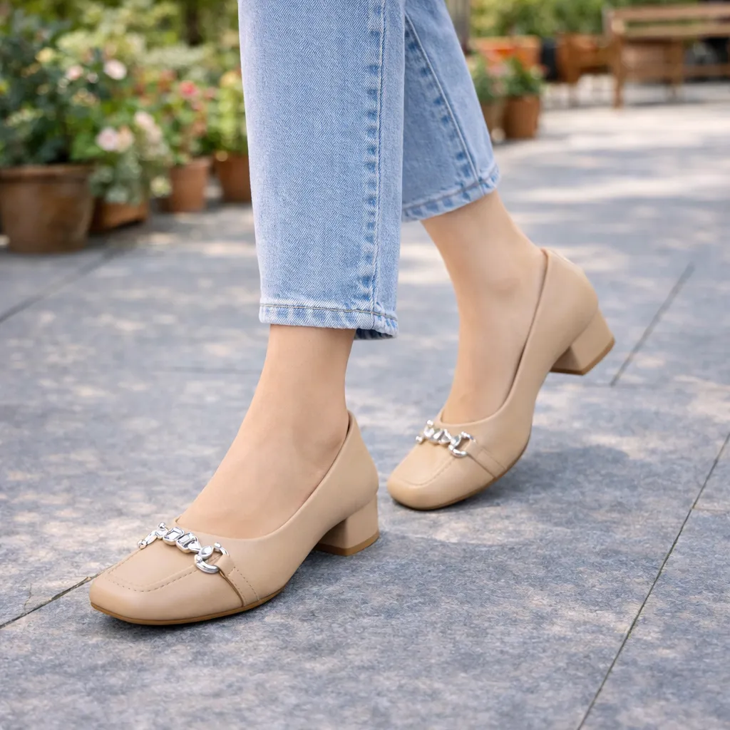 UrbanToes Women’s Cream Block Heel Pumps with Stone Detail - UrbanToes