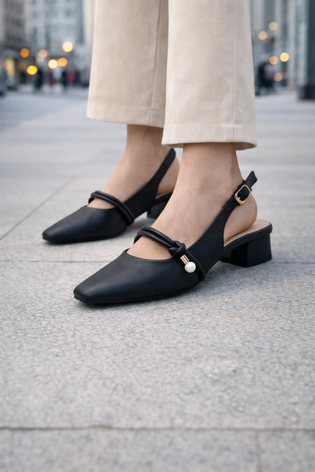 Black Slingback Block Heel Pumps for Women - UrbanToes