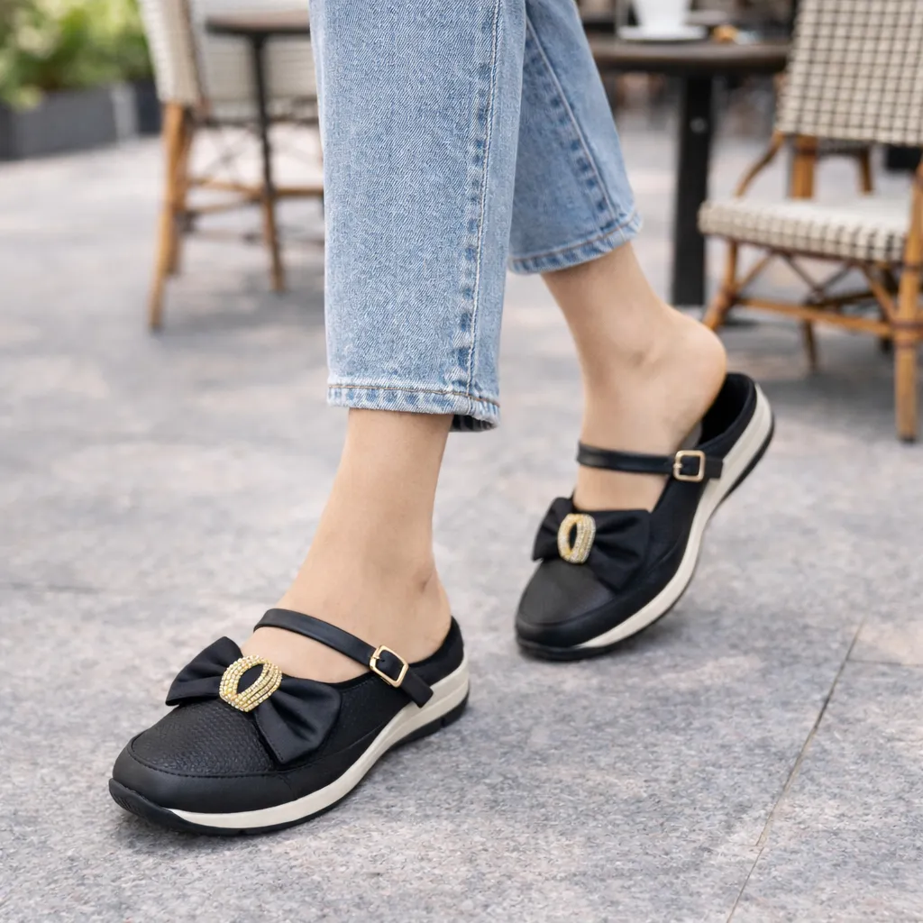 Urbantoes Women’s Black Walking Flats with Bow Detail - UrbanToes