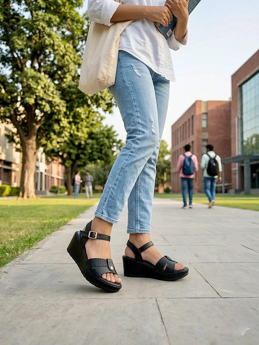 Black Comfort Wedge Sandals for Women – Ankle Strap Everyday Wear - UrbanToes