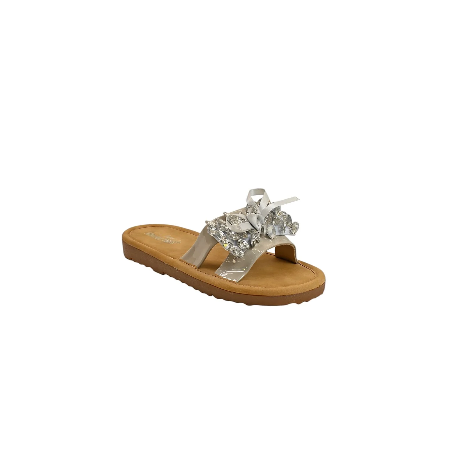 Grey Embellished Flat Slide Sandals for Women – Crystal Bow Comfort Flats - UrbanToes