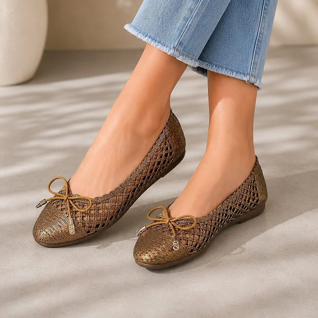 Bronze Woven Bow Detail Ballet Flats for Women - UrbanToes